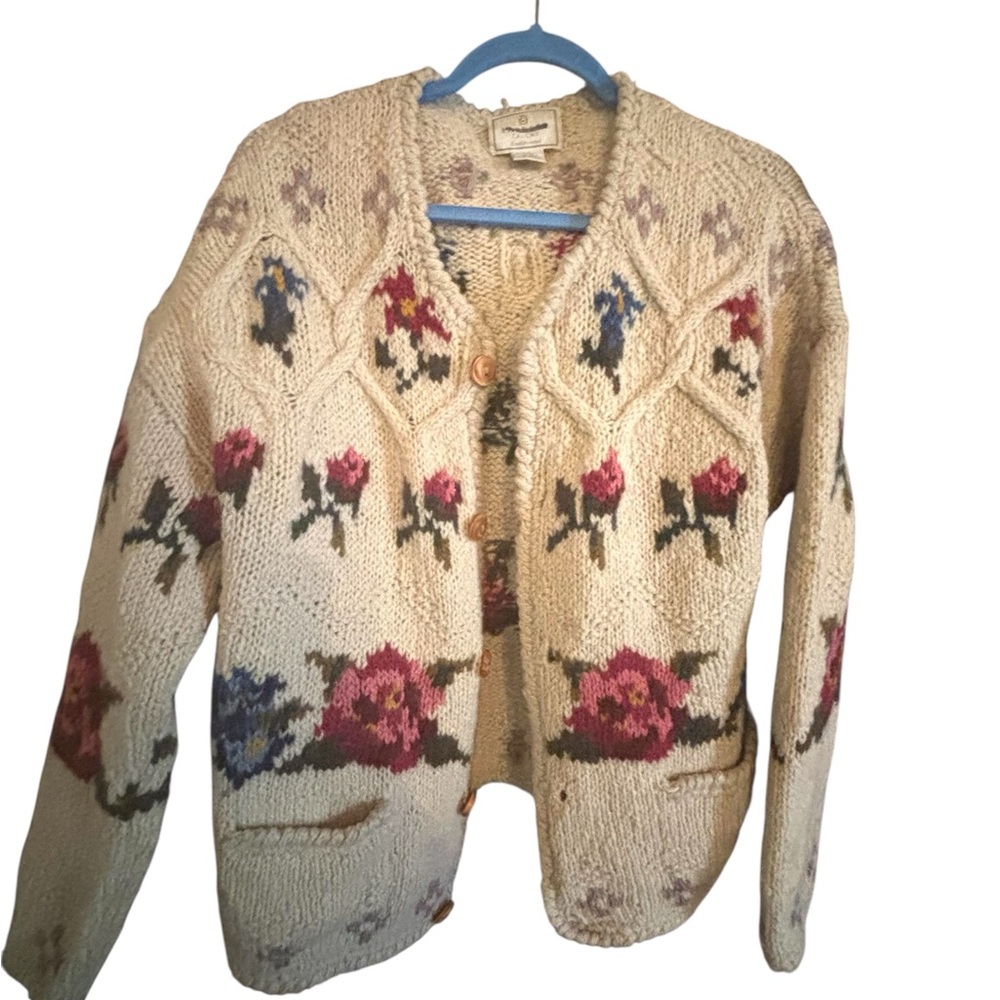Vintage Express Tricot Rose Floral Cottage Cardigan 100% Wool M/L Hand knit 2008